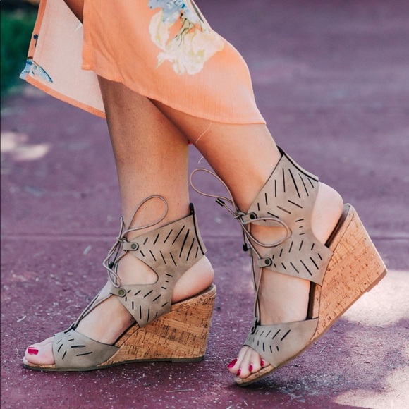 Taupe Chic Laser Cut Lace Up Ghillie Wedge Sandals - Picture 2 of 4